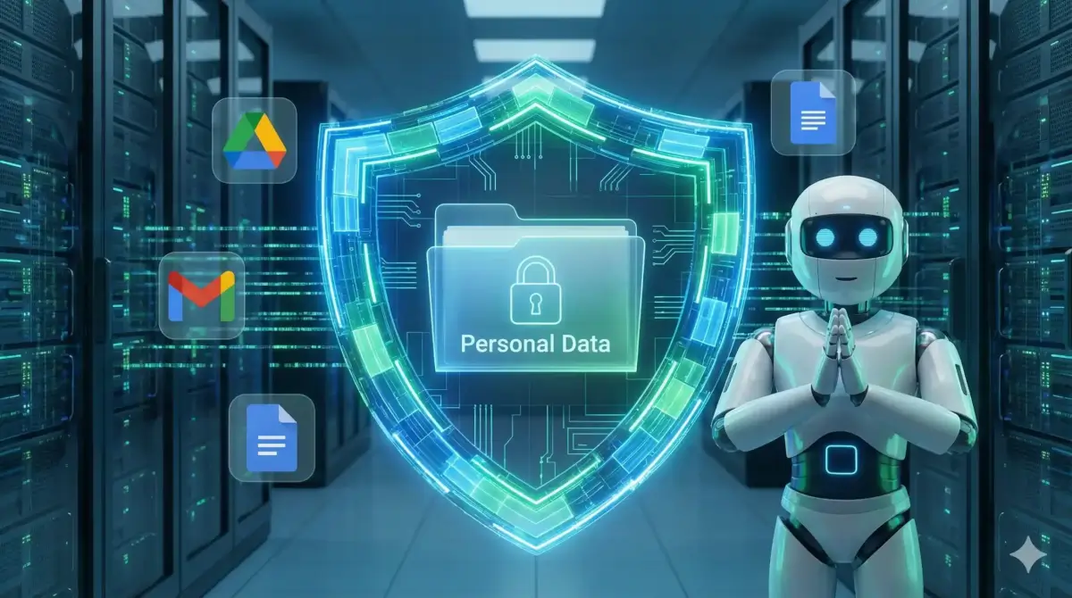 AI robotic hands in Namaste gesture respecting a secured personal data folder