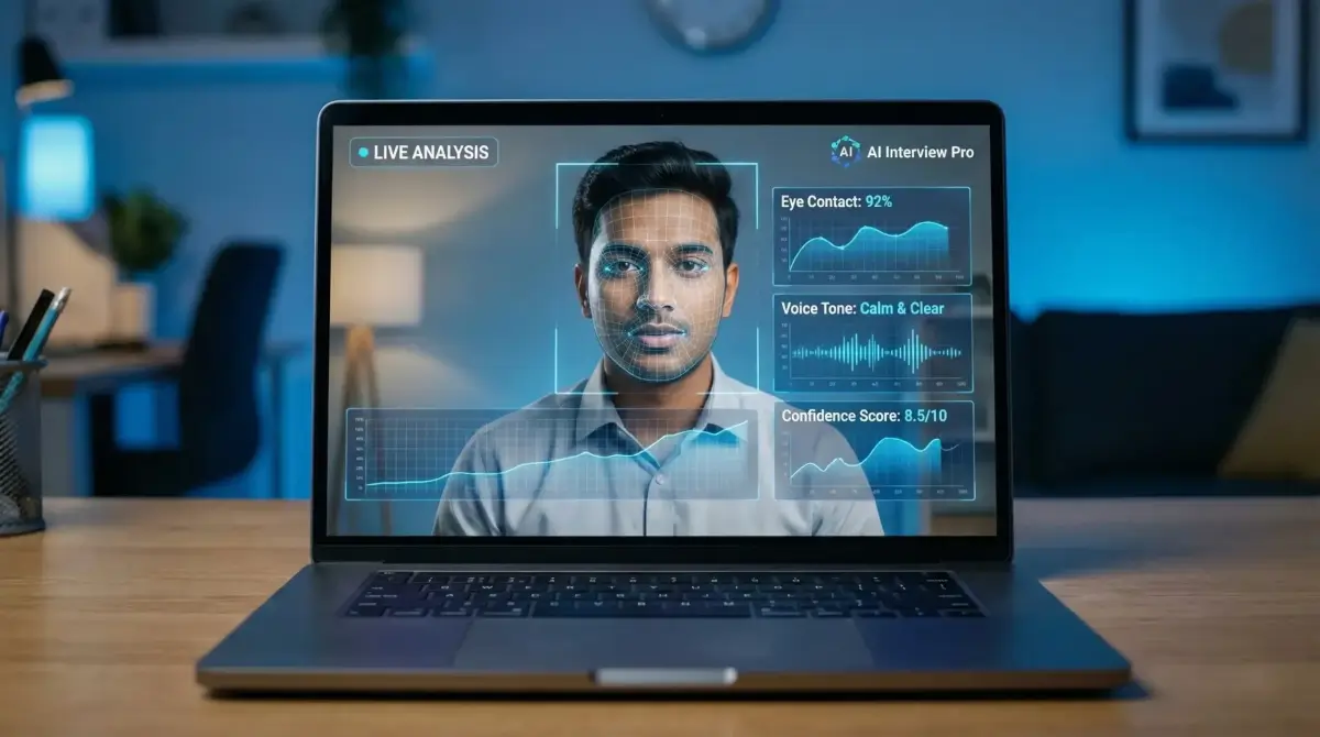 AI software analyzing facial expressions and eye contact of a candidate during video interview