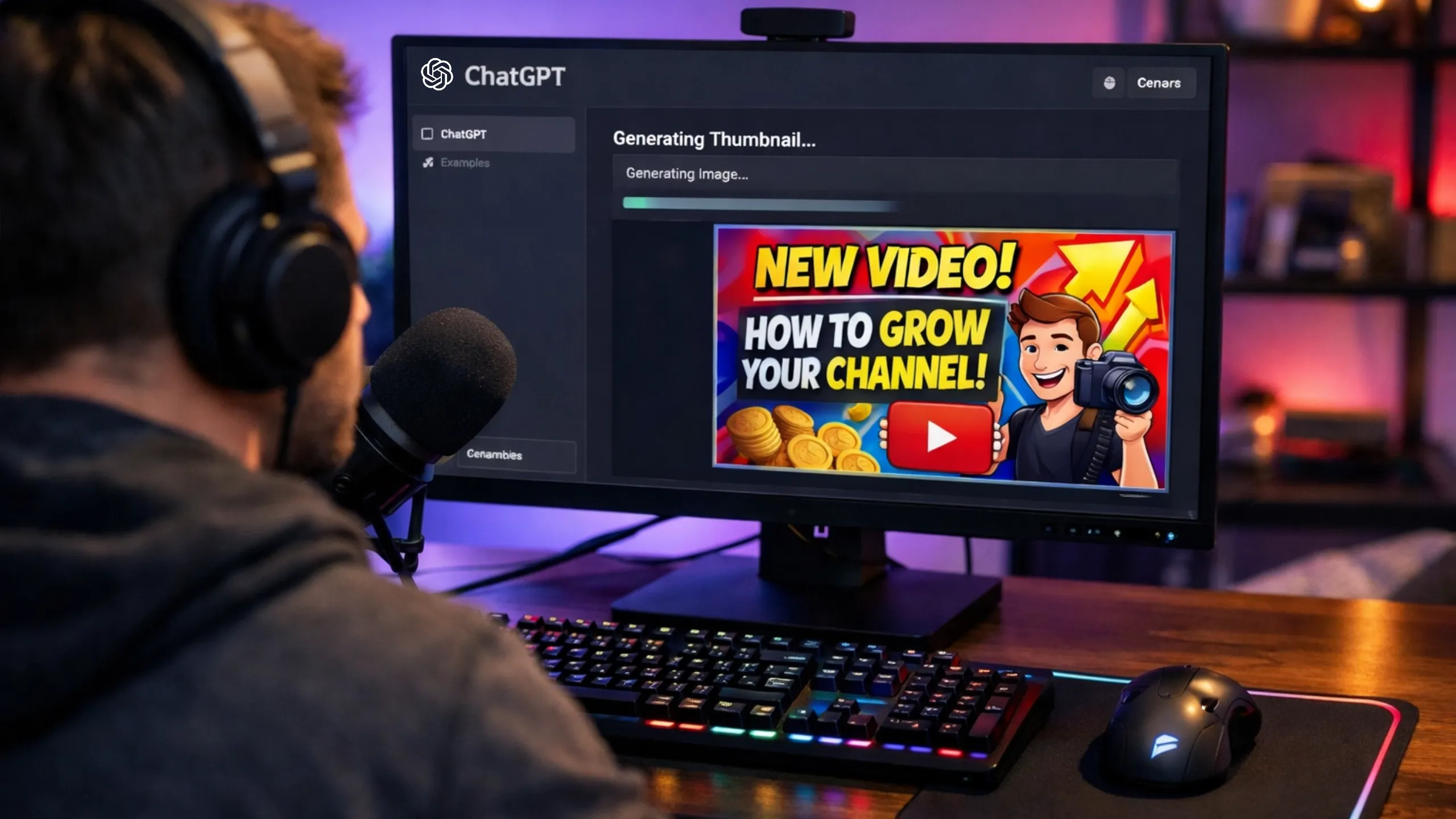 ఒక యూట్యూబ్ కంటెంట్ క్రియేటర్ తన స్టూడియోలో కూర్చుని కంప్యూటర్ లో ChatGPT ని ఉపయోగిస్తున్న ప్రొఫెషనల్ ఫోటో.