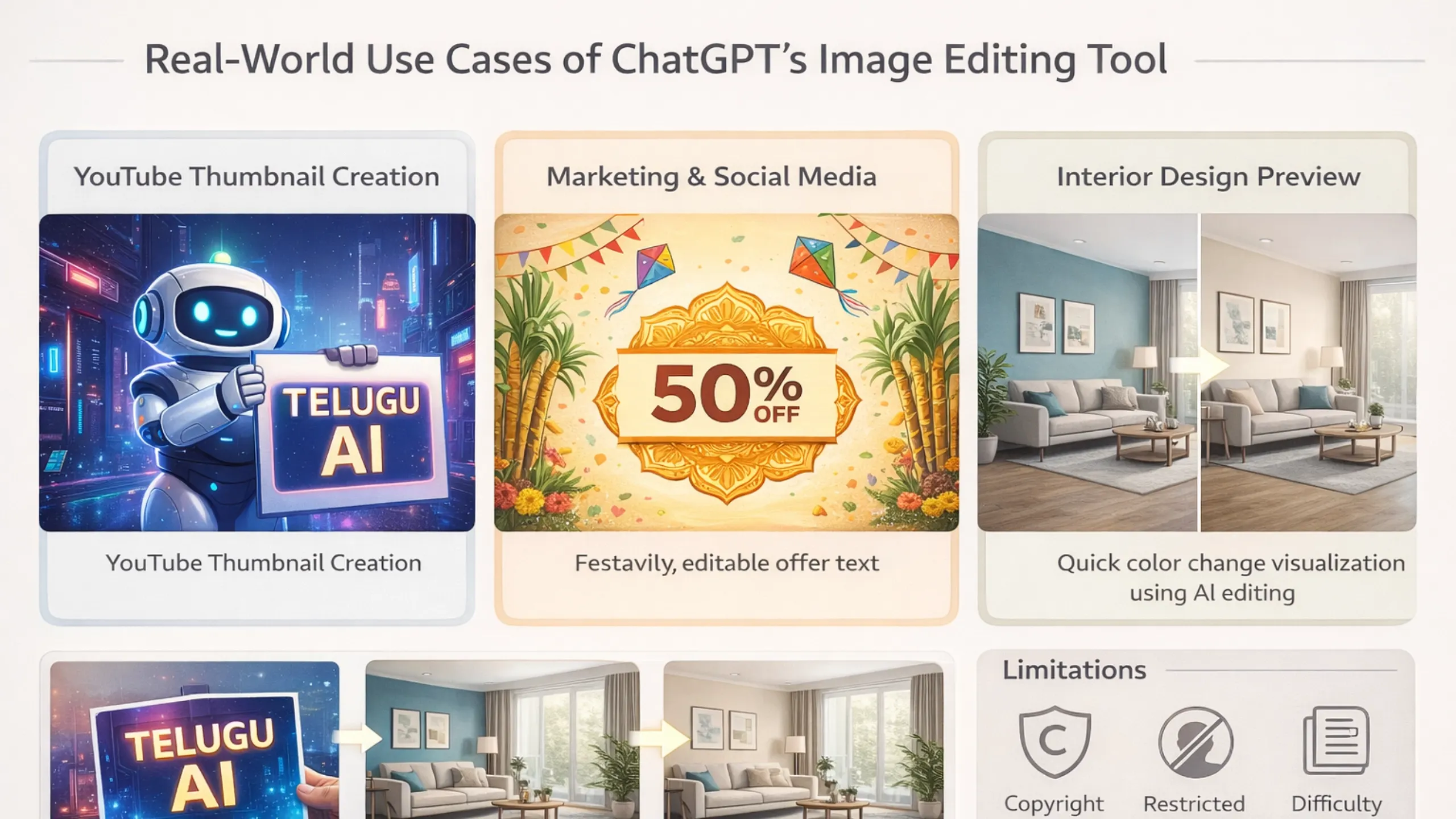 ChatGPT ఇమేజ్ ఎడిటింగ్ టూల్ యొక్క వివిధ రకాల ప్రాక్టికల్ ఉపయోగాలు (యూట్యూబ్, సోషల్ మీడియా యాడ్స్, ఇంటి డిజైన్) చూపిస్తున్న ఇన్ఫోగ్రాఫిక్ ఇమేజ్.