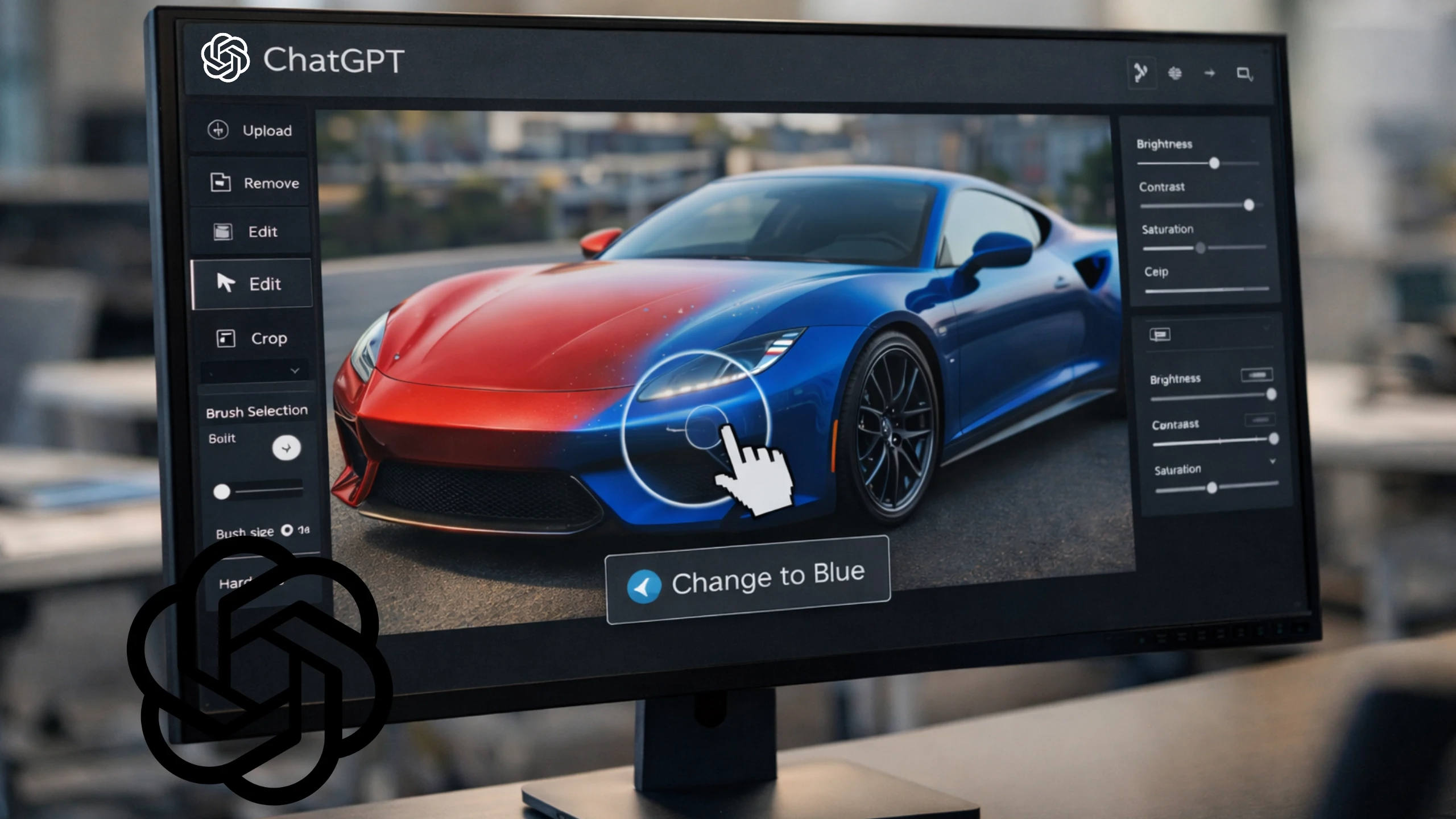 కొత్త 'సెలెక్ట్ అండ్ ఎడిట్' ఫీచర్ ద్వారా కారు రంగును రెడ్ నుండి బ్లూ కి మారుస్తున్న దృశ్యం.