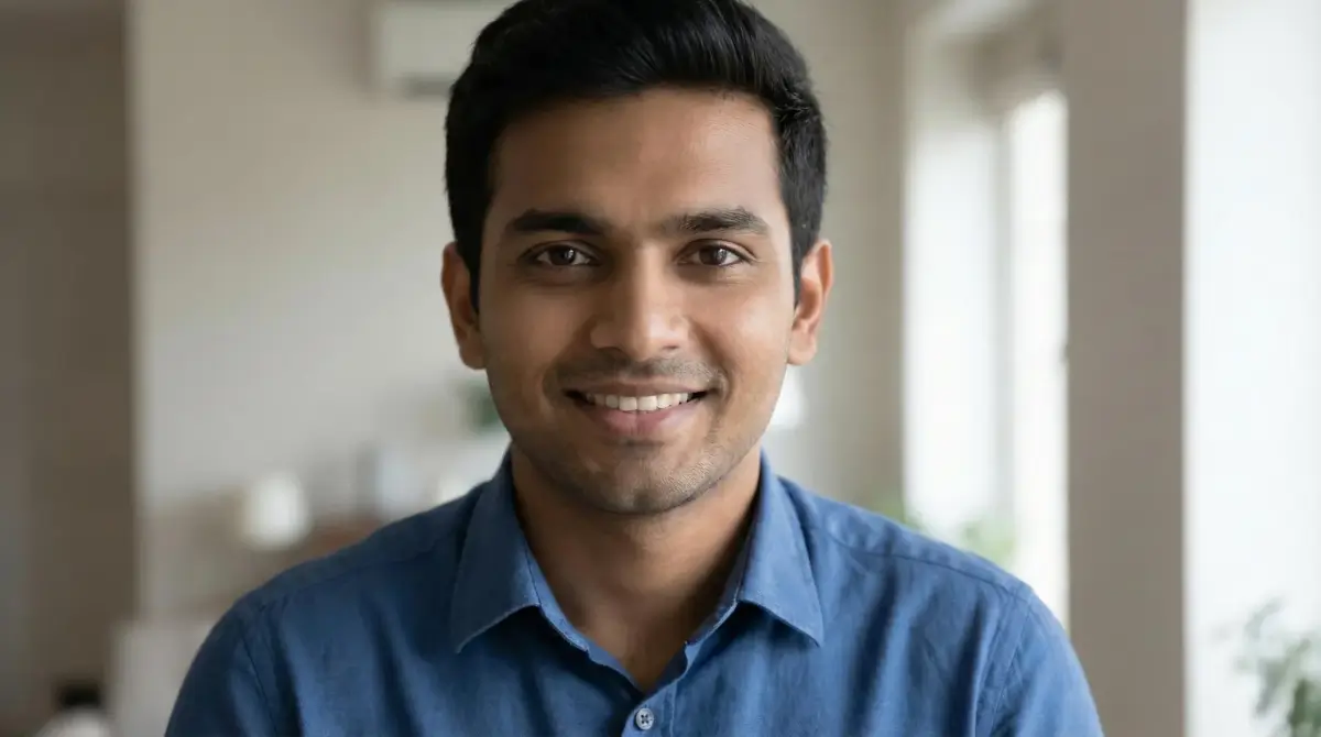 Confident Indian student making direct eye contact with camera lens for interview success