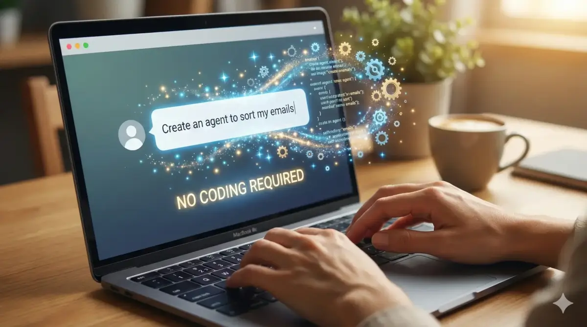 Close-up of hands typing plain English prompt on a laptop to build an AI agent without any programming code.