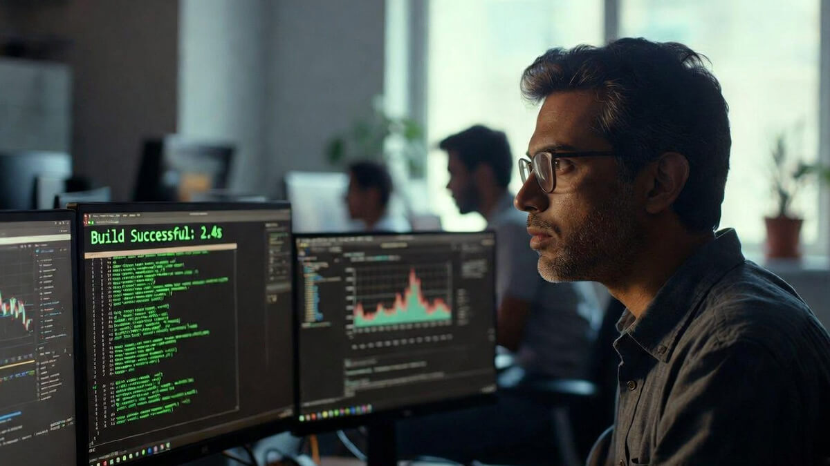 Experienced Indian developer looking impressed at the ultra-fast coding performance of DeepSeek AI on computer screen