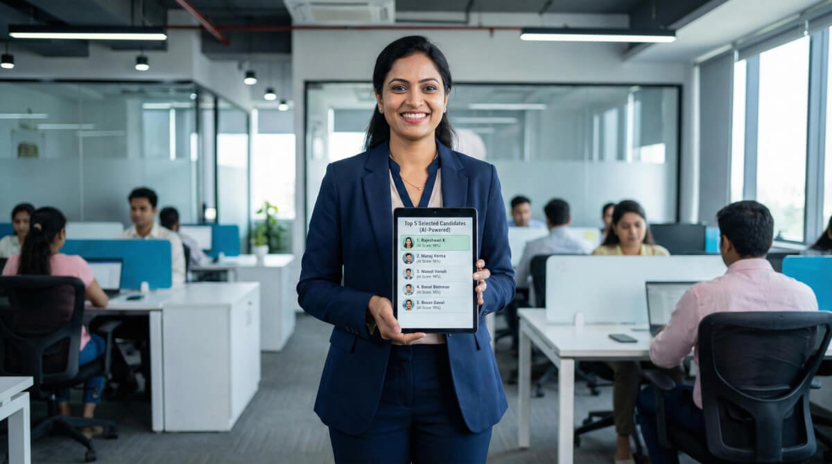 HR manager reviewing AI generated shortlist of best candidates on a tablet