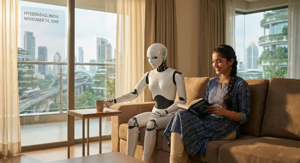 Futuristic humanoid robot serving coffee to an Indian woman in a modern smart home