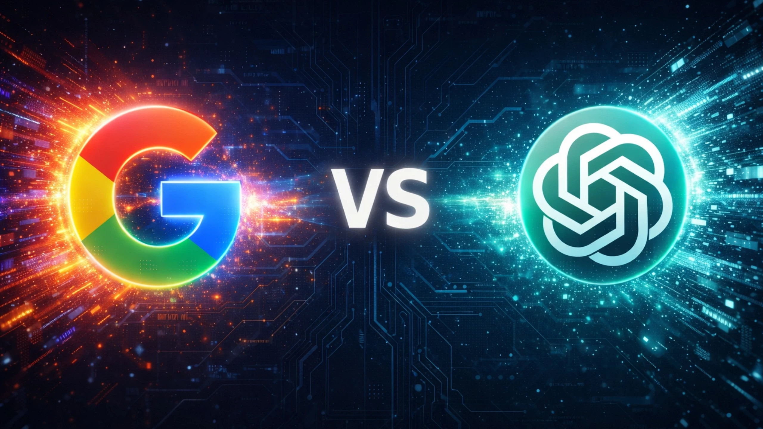 Google (G లోగో) మరియు ChatGPT (OpenAI లోగో) మధ్య జరుగుతున్న సాంకేతిక యుద్ధాన్ని సూచించే కాన్సెప్ట్ ఇమేజ్.