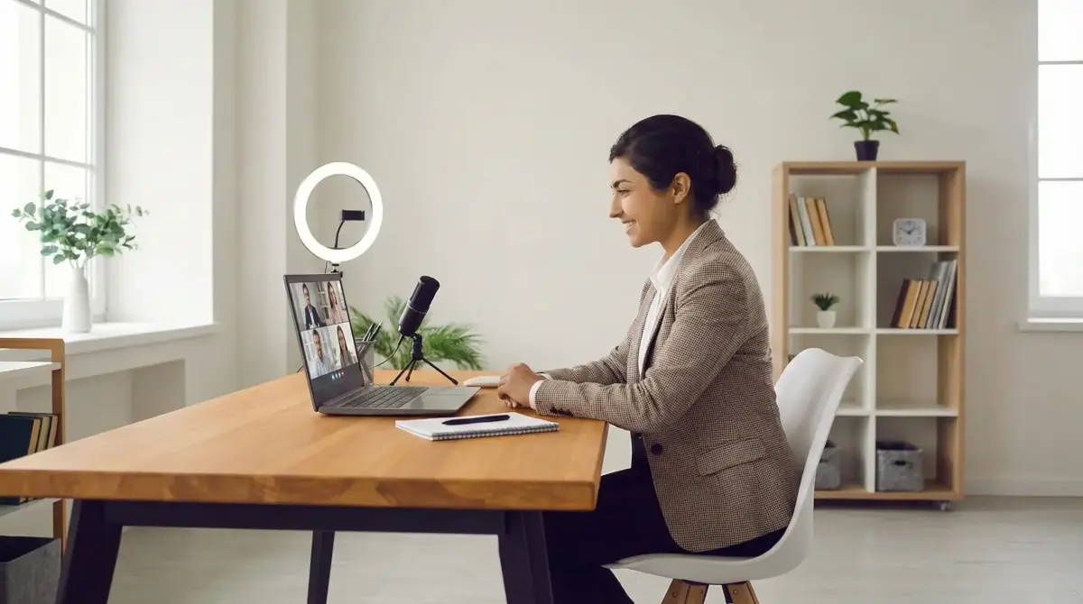 Professional home setup for virtual AI job interview with laptop and lighting