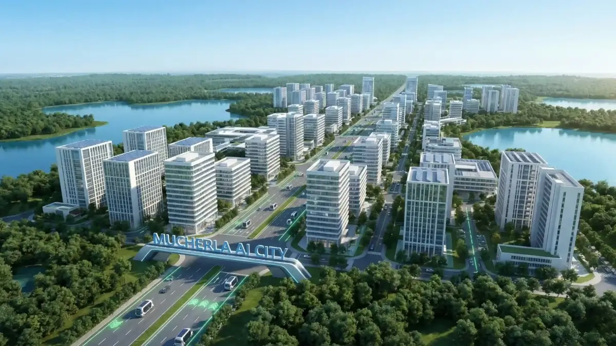 Aerial view of Mucherla AI City Fourth City Hyderabad master plan with greenery and drones