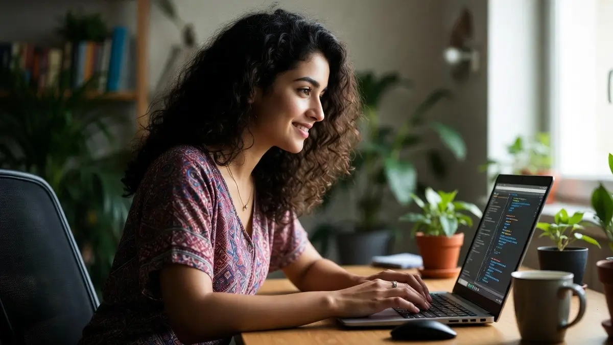 Young Indian female software developer coding naturally on a laptop using DeepSeek AI assistance
