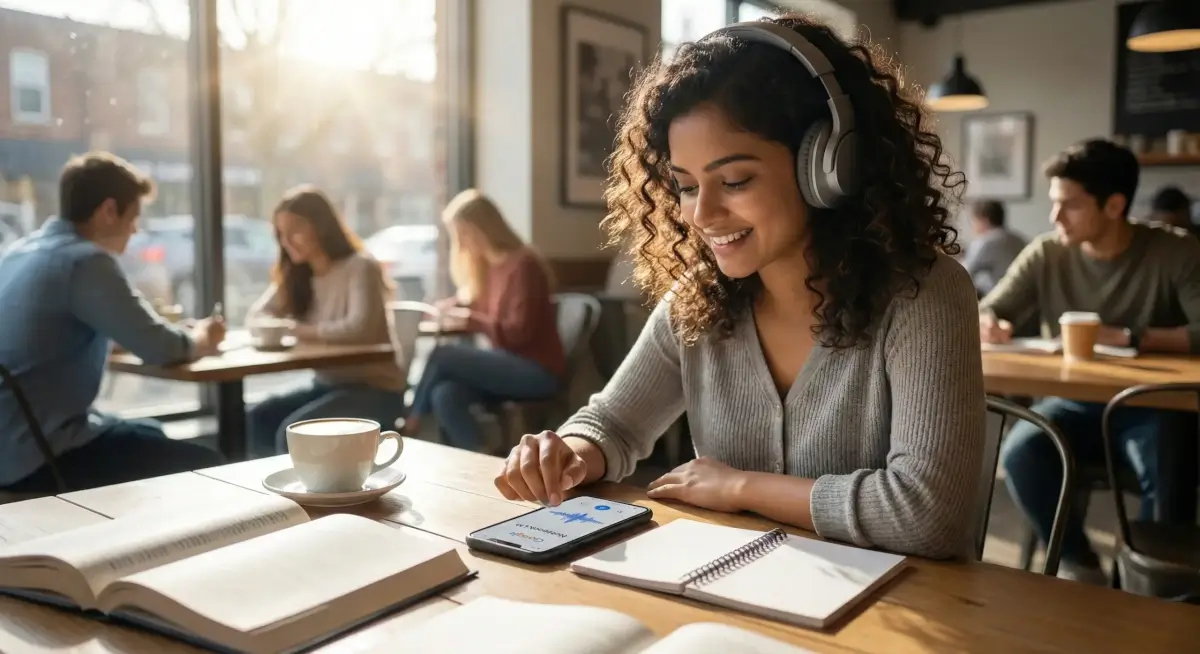 Indian student listening to NotebookLM audio overview using headphones in a cafe