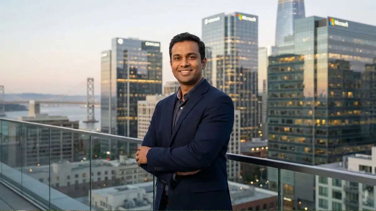 Successful Indian tech professional standing in Silicon Valley representing global talent
