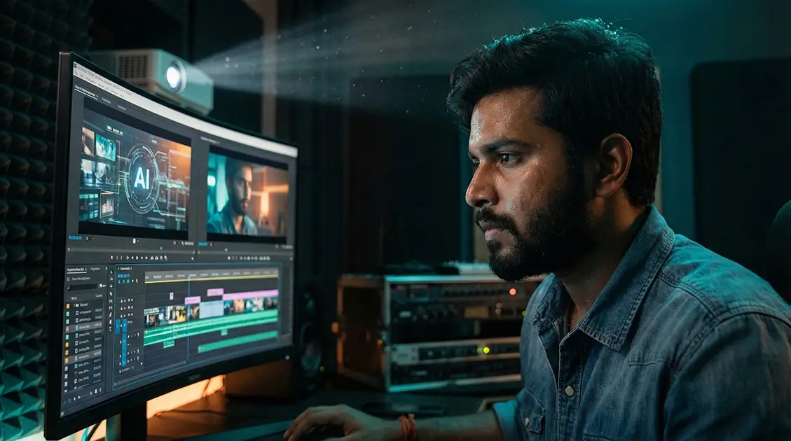 Young Indian video editor using Kling AI for advanced video editing and storytelling