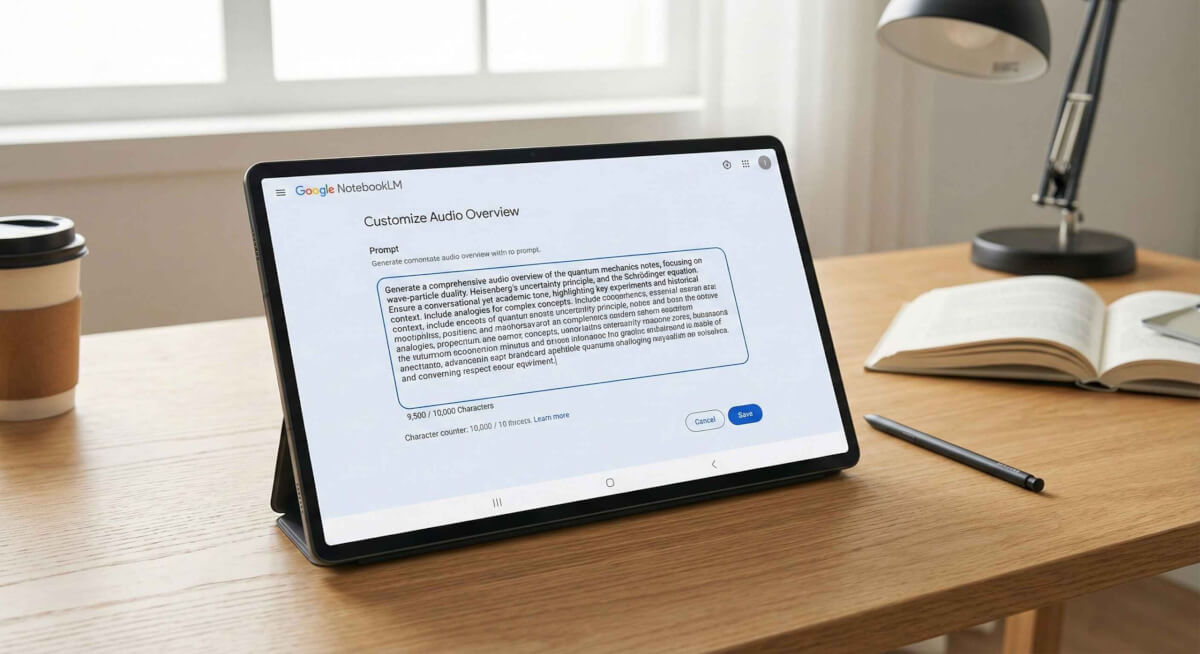 NotebookLM audio customization screen showing expanded 10000 character limit