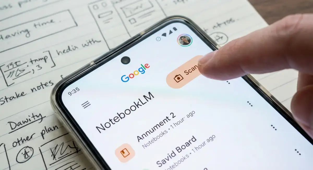 Close-up view of Google NotebookLM app showing the new camera scan button