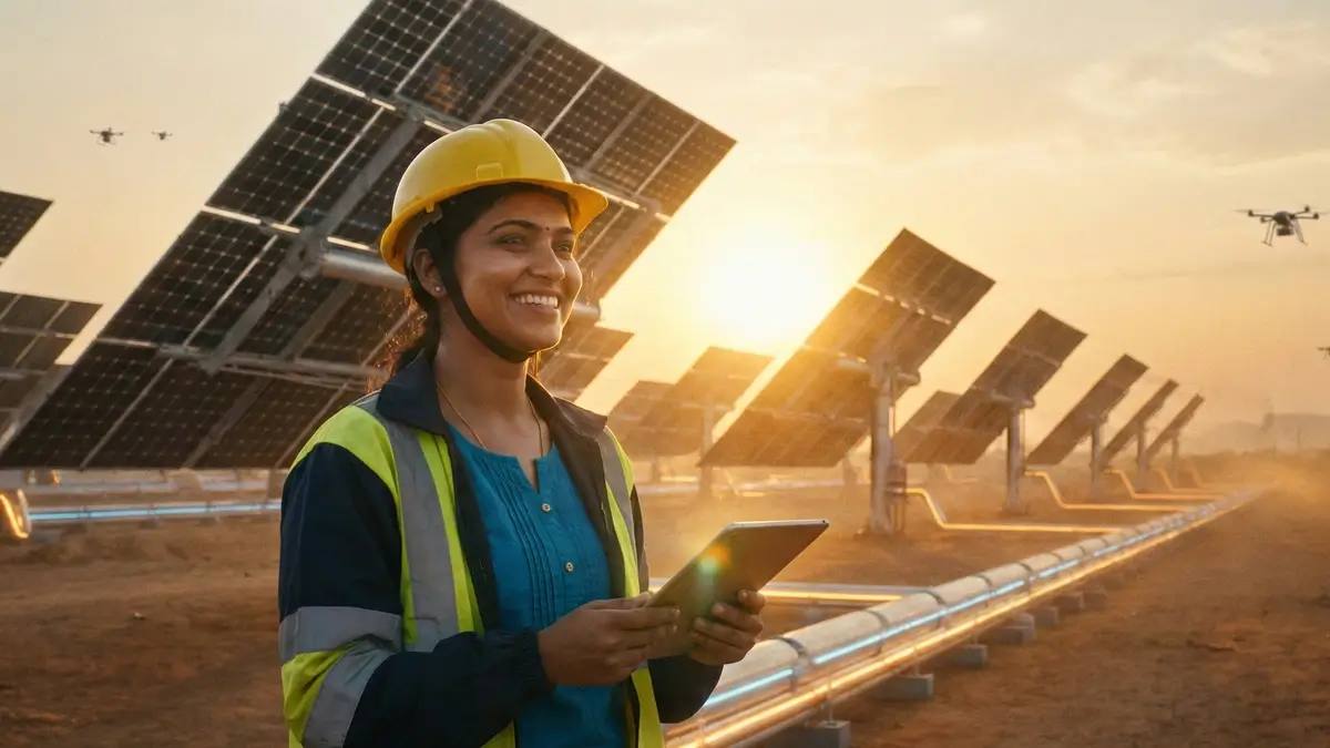 Indian female engineer supervising a massive futuristic solar energy farm at sunset