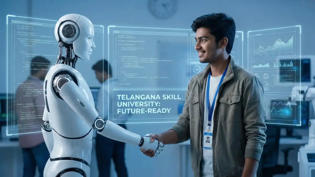 Student shaking hands with humanoid robot representing AI jobs in Telangana Skill University
